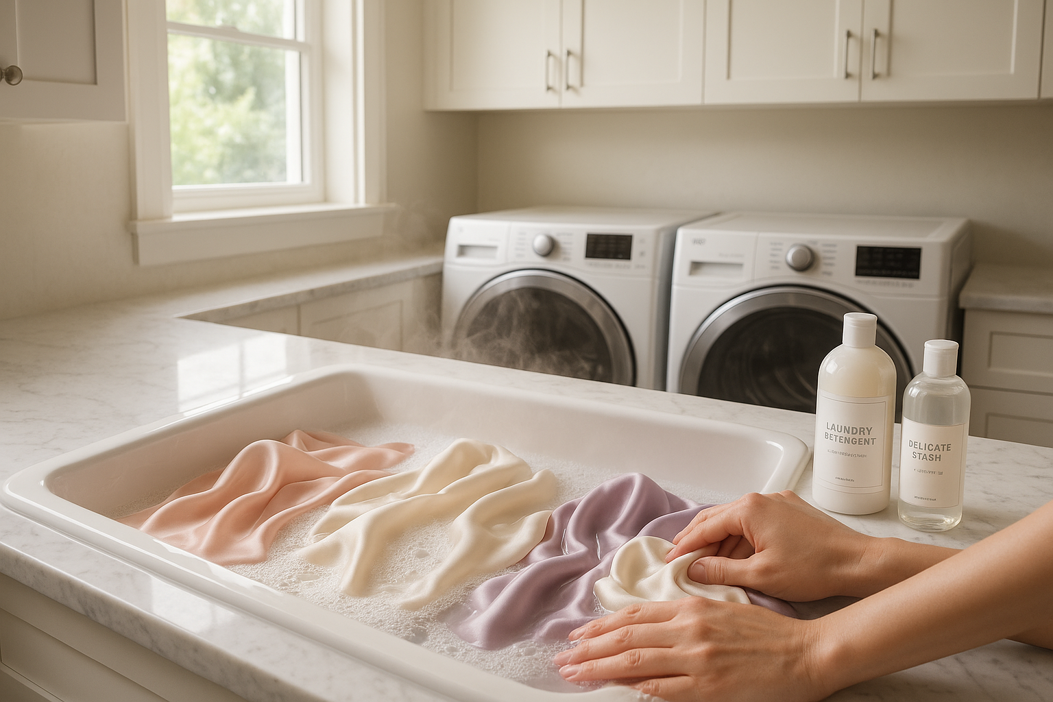 washing silkwear with a laundry room background